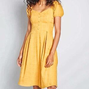 ModCloth Smocked Dress Mustard Yellow Embroidered Medium With Pockets Fe…
